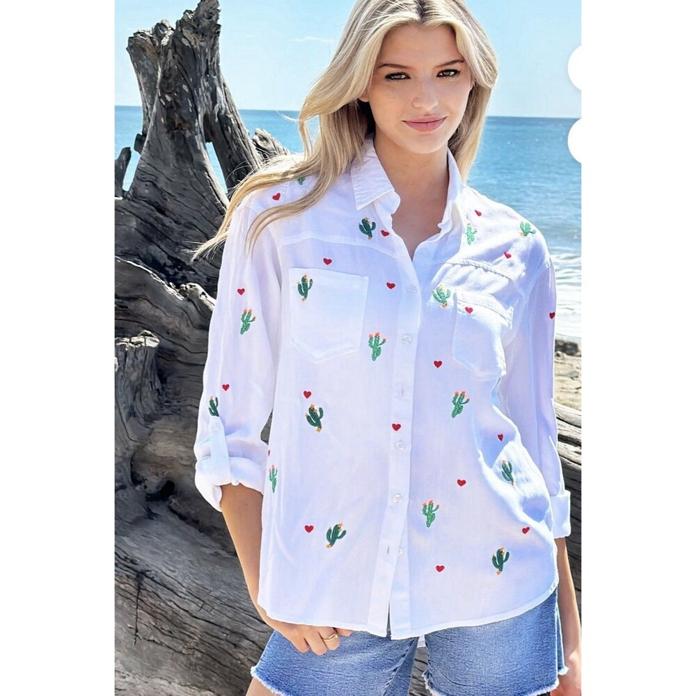 Billy T “Cactus Party” White Embroidered Button-Front Shirt Size XL Women $128